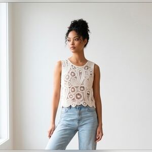 Ultra Pink Ivory Crochet Paisley Lace Crop Top Tank Boho Festival Cottagecore